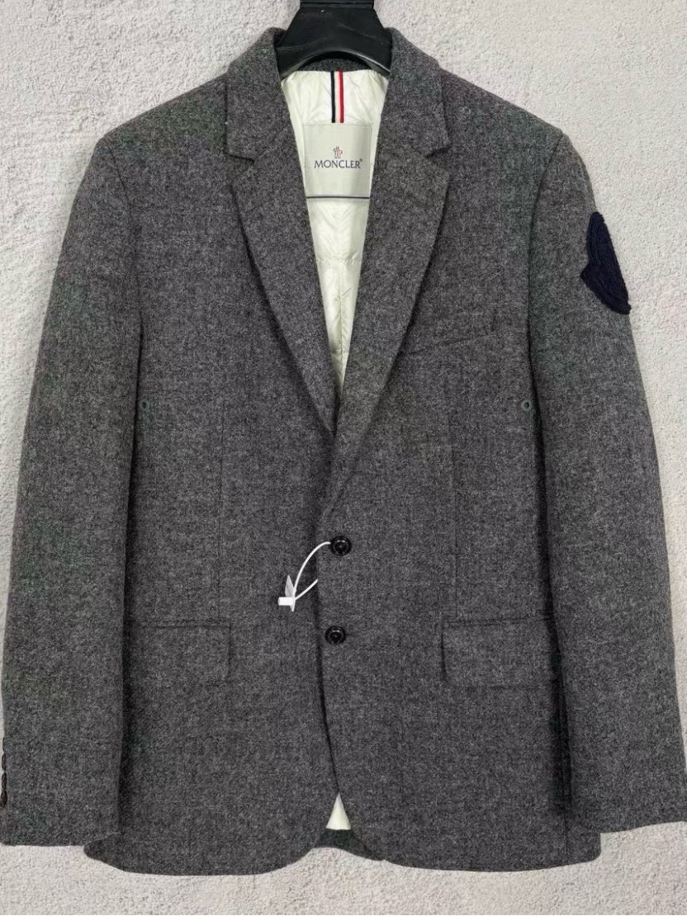 Moncler Gray Men's Wool Sport Coat with Navy Patch